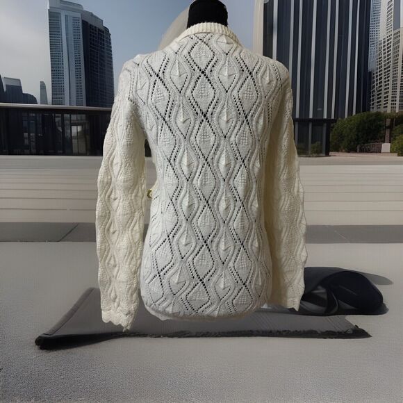 Wintuk Vintage 60s Off White Dupont Acrylic Diamond Knit Cardigan Sz S ? - Picture 4 of 4